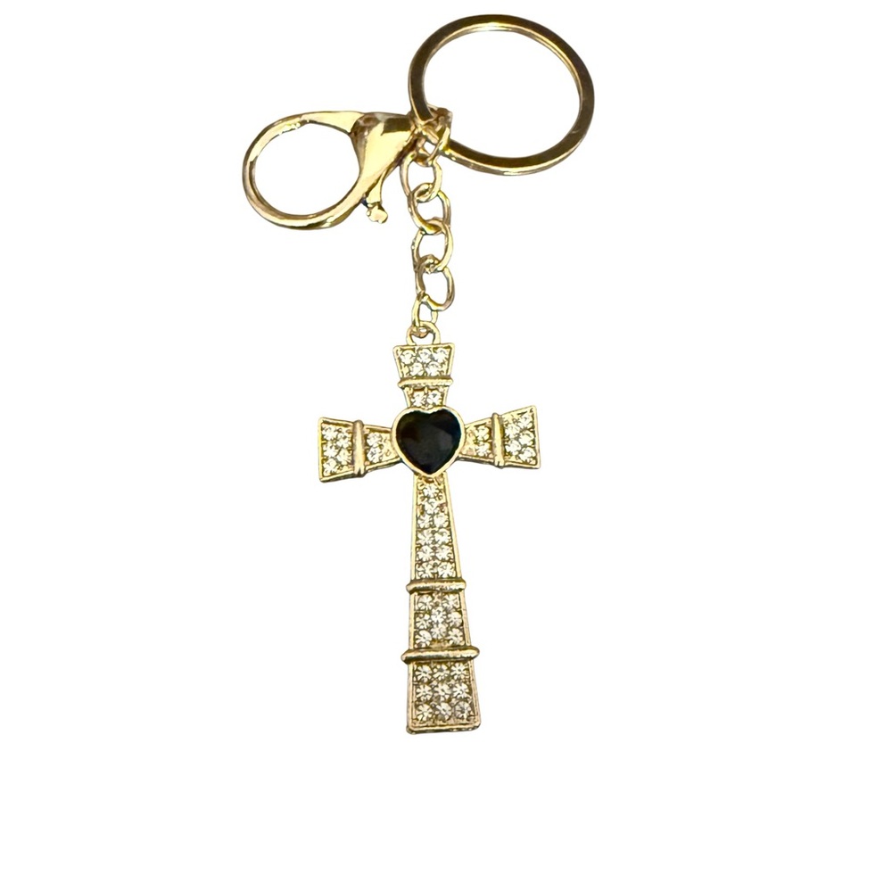Black Cross Keychain with Clear Rhinestones in Gold Tone